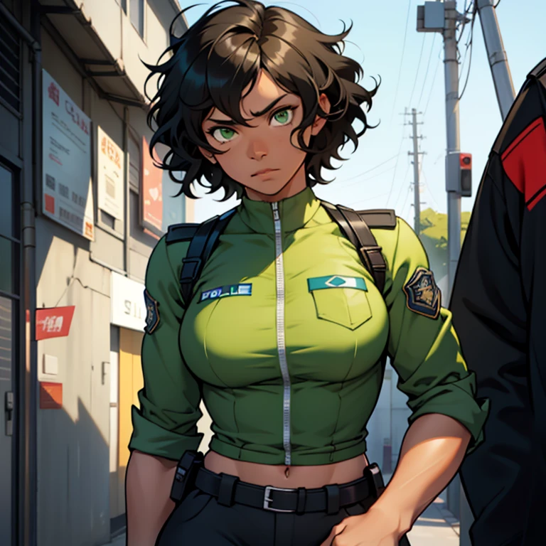 1 girl, black curly hair, green eyes, short hair, brown skin,(((fit body))), normal breasts,(serious expression), police uniform ( half body image)