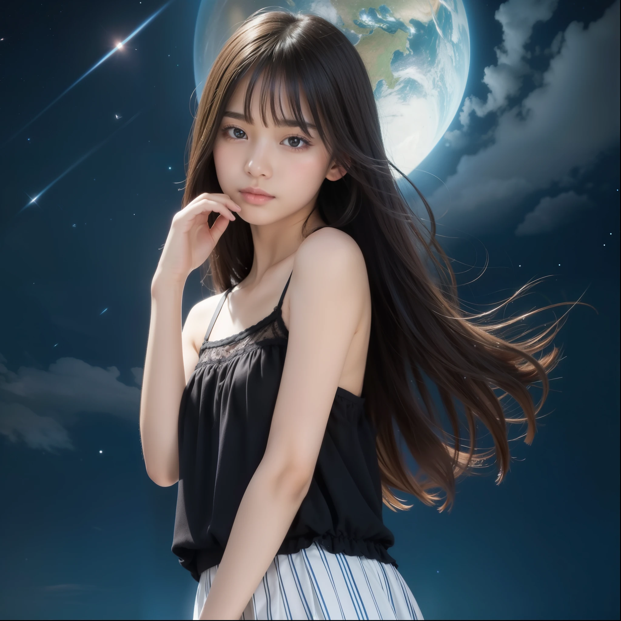 Beautiful images、universe、Fantasy、Shooting start or swarm、Teenage Girl、black eye、Hair length、Starry Sky、Japanese、high school girl、camisole、Fluttering mini skirt、