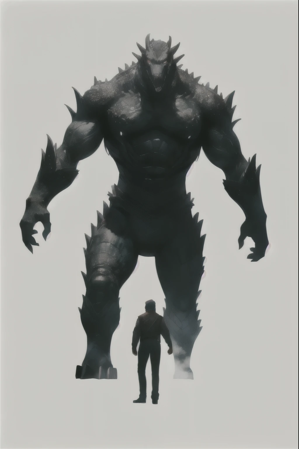 araffe with a man standing next to it in front of a giant monster, liam neeson versus godzilla, official render, huge creature, kaiju, movie poster character, big monster, in a menacing pose, godzilla, colossus, jormungandr, from pacific rim, gigantic monster, a creature 5 meters tall, manly monster tough guy