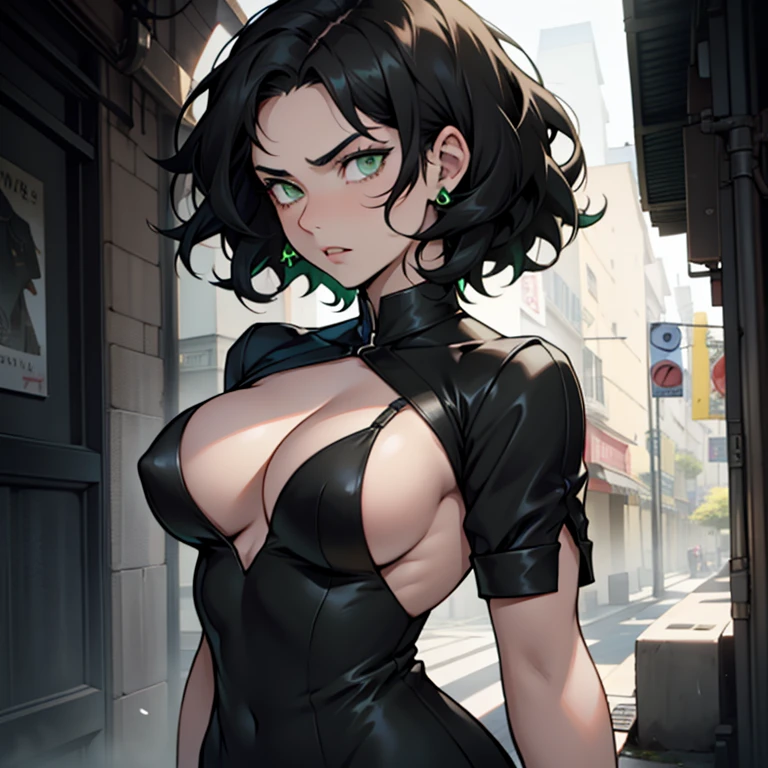 1 girl, black curly hair, green eyes, short hair, pale skin,(((normal body))), big breasts,(serious expression), black dress ( half body image)