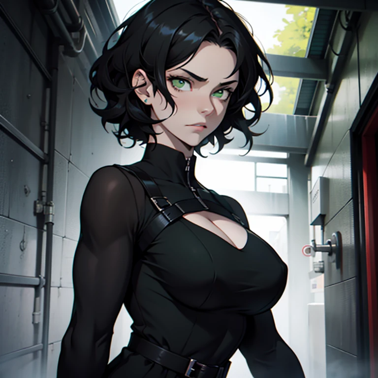 1 girl, black curly hair, green eyes, short hair, pale skin,(((normal body))), big breasts,(serious expression), black dress ( half body image)