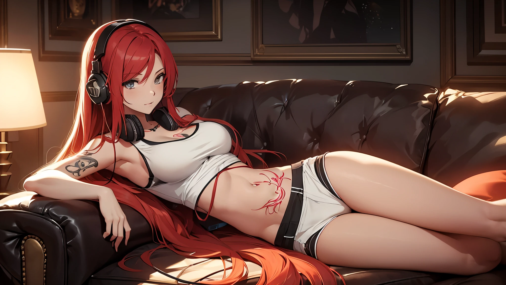 Create an image of a beautiful, erotic anime girl with long red hair and tattoos, showing her stomach while relaxing in a cozy lounge. She is wearing a short tank top and shorts, with headphones on, enjoying her music while lounging on the couch. The scene is set in a warm, dimly lit lounge with plush seating and personal items scattered around, creating a sense of intimacy and relaxation. The ambiance should be inviting and cozy, with soft lighting enhancing the serene atmosphere