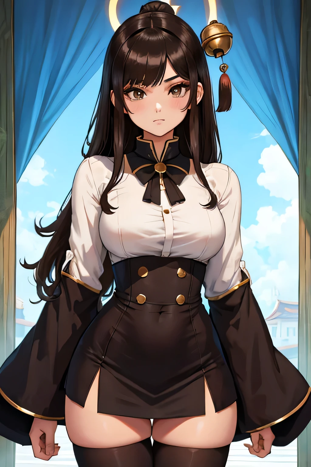 adorable Japanese girl (beautiful face), black eyes (gorgeous black eyes), brown long hair (straight hair, half up), nice body (nice physique), long sleeved blouse (bell shaped sleeves), high waisted short skirt