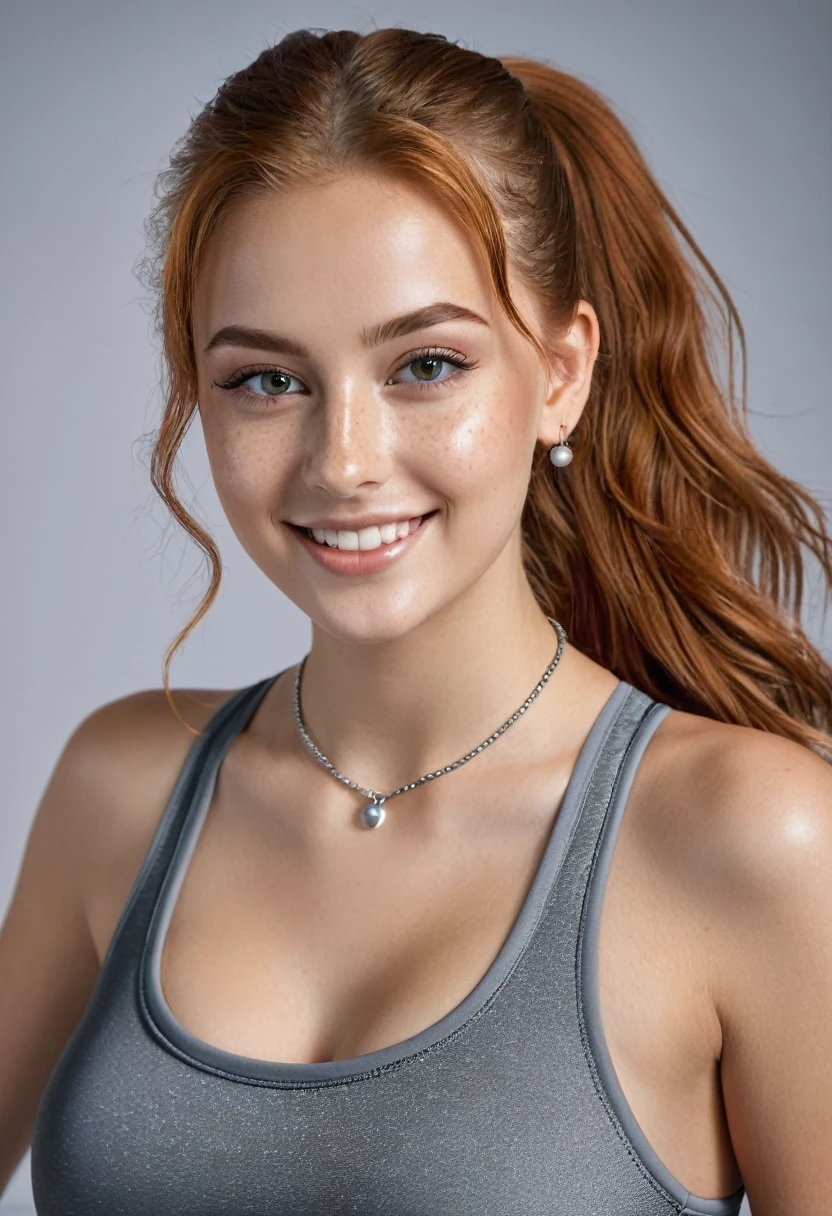 hyperrealistic beautiful busty 18-year-old teen girl with long legs wearing wetlook grey skinny swimsuit and sneakers, model shooting full body photography, natural redhead with long ponytail, freckles, dark eye makeup with eyeliner, seductive smile, small necklace, 8K, Best quality, Meisterwerk, ultra high resolution, (Realismus: 1.4), Originalfoto, (realistische Hautstruktur: 1.3), (Filmkorn: 1.3), (Selfie-Winkel), 1 girl, Beautiful round hazel eyes and facial details, Meisterwerk, Best quality, studio photography