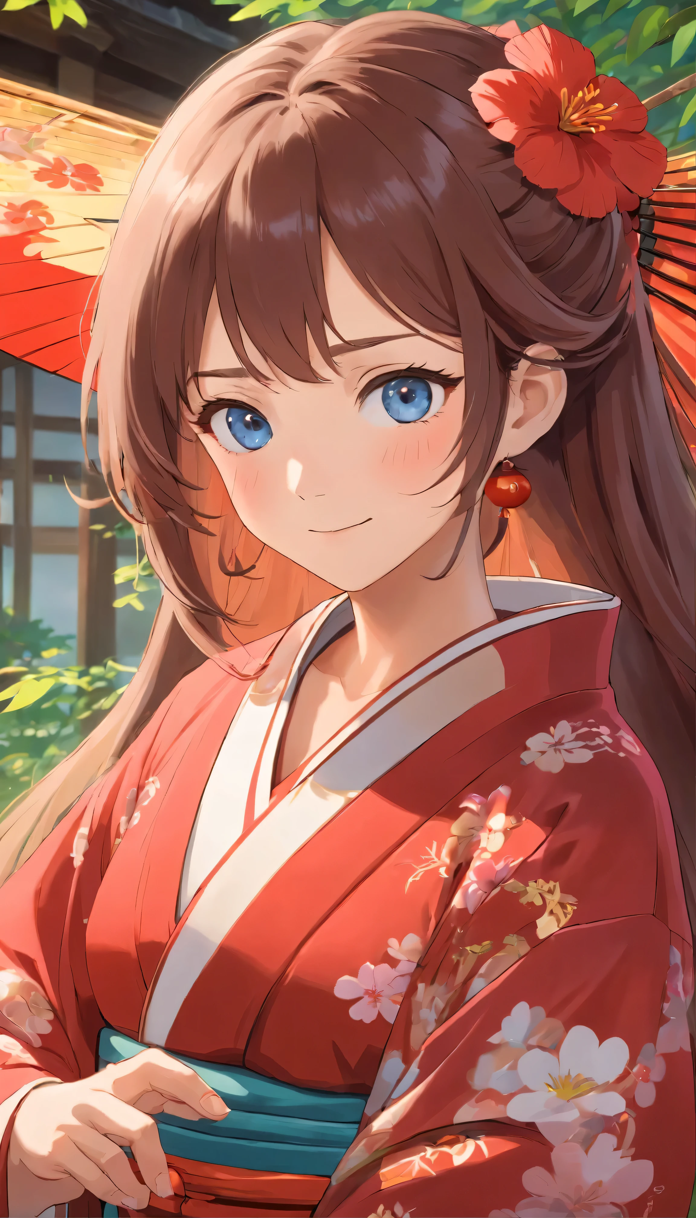masterpiece、Top quality、16K UHD、 Zuo々Nozomi in a kimono in a Japanese-style room、one person、Enchanting、Provocative Gaze、Blushing、Open Mouth Smile、Flowing kimono、Brown hair cascading down her back、Blue eyes sparkling with admiration、Her long hair flows gently behind her、Detailed facial features、Photorealistic images、((Very detailed))、(Fully detailed face)、 (Very detailedな手)、Wearing a red kimono(Zuo々Nozomi)Beautiful woman with a pretty face