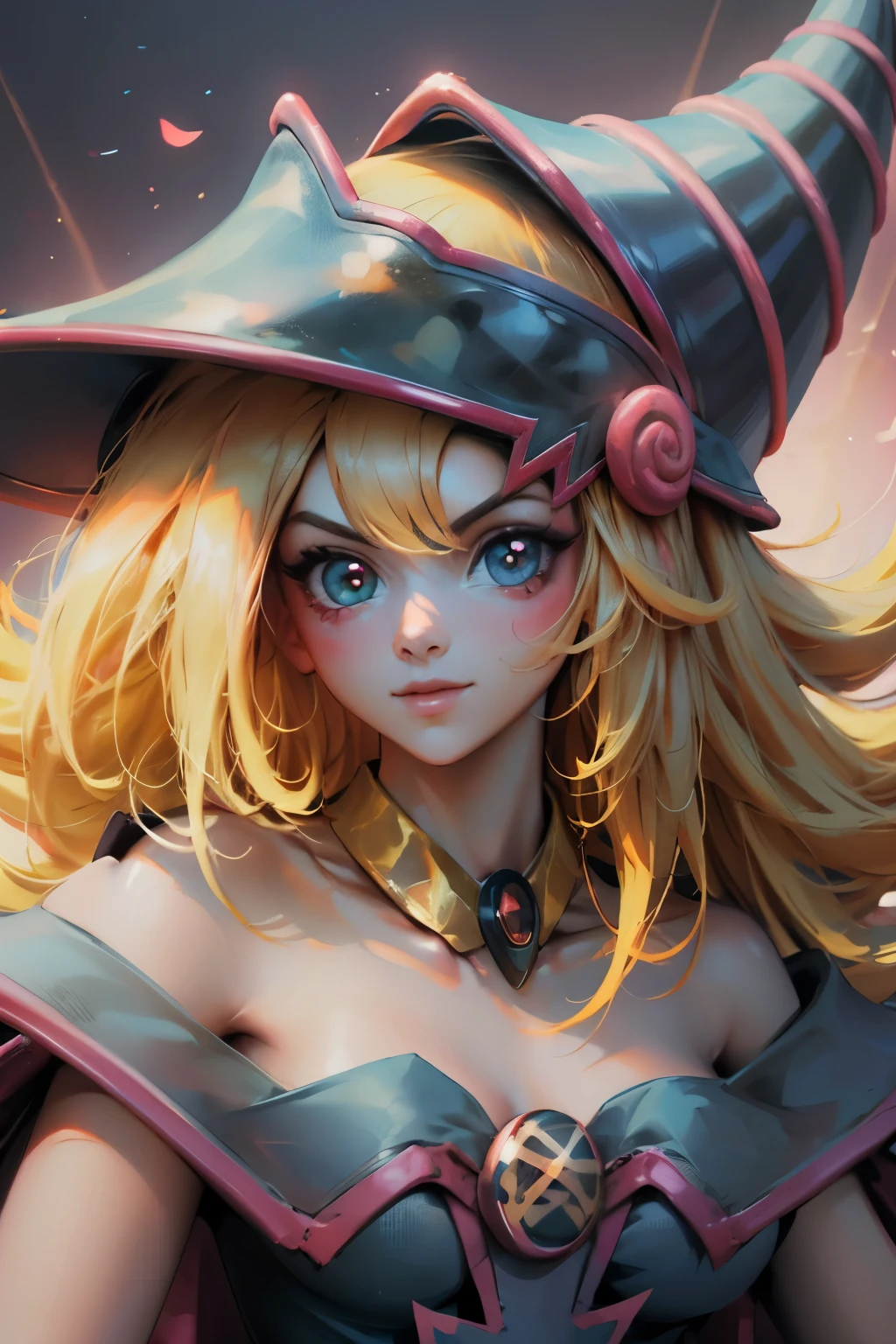 Hermoso rostro de dark magician gils, ojos azules. Labios rosados. Cabello rubio y largo. Ombros descubiertos, sonrisa angelical, hermoso rostro bien detallados de dark magician gils.