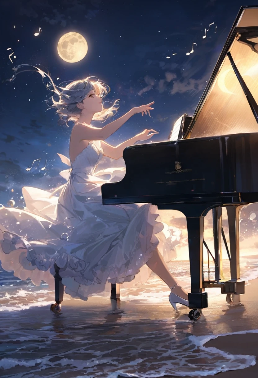 Woman playing piano on the beach at night、moonlight、Crescent Moon、Wave、dress、water splash,looking up, Music notes dancing in the sky,