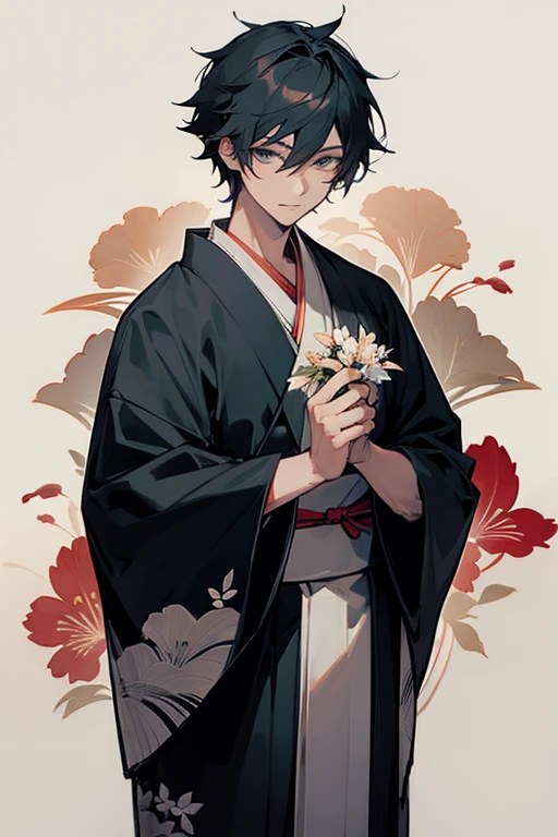 Anime male character with kimono and flowers in hands 