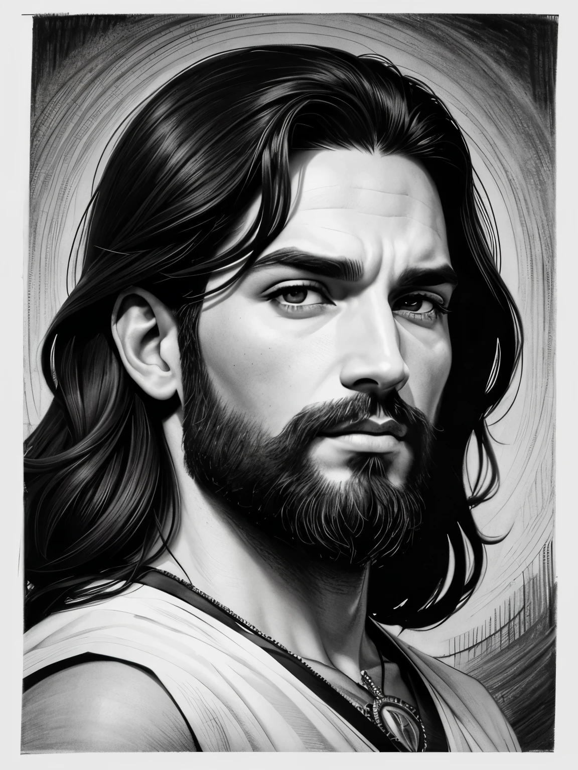 Figura de jesus cristo,barba, cabelo comprindo, cruz no fundo, de vestido,montanha , sua arte em linha fina, Comic style, retrato, Bela arte de linha, black and white estilo , pencil and ink drawing, black and white coloring