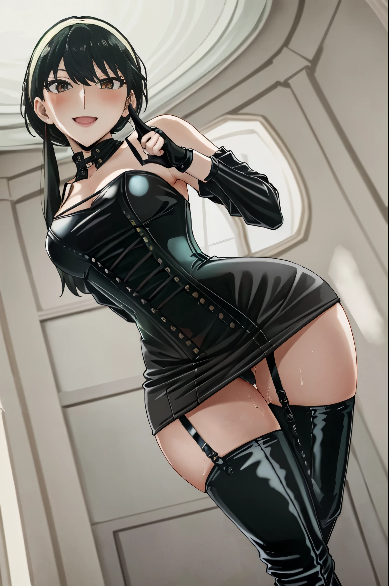 BDSM、Queen、mistress、(((One girl)))、solo、(((Long gloves covered to the fingertips in black latex:1.4 )))、(((Black latex corset dress:1.4)))、(((The corset dress is decorated with beautiful lace.)))、(((Corset dress with shoulder straps)))、(((Black latex tight mini skirt:1.4)))、(((Black Thigh Boots)))、(((Black fishnet stockings:1.2 )))、(((Stiletto heels:1.4)))、(((Black latex panties)))、(((Black latex bra)))、(((Black leather collar)))、(((Sexy pose:1.4 )))、Wide-open legs:1.2、(((Erotic)))、(((Cowboy Shot)))、((highest quality)), ((Very detailed)), masterpiece, Very detailed顔, Beautiful Face, (fine grain, Deep Eyes), (One Girl), whole body, night, Black Hair, short hair, short hair with long locks, bangs, Side Lock, White Hair Band, Red eyes, Off-the-shoulder sweater, Red sweater, clavicle、邪悪なsmile、smile、blush、Drenched in sweat