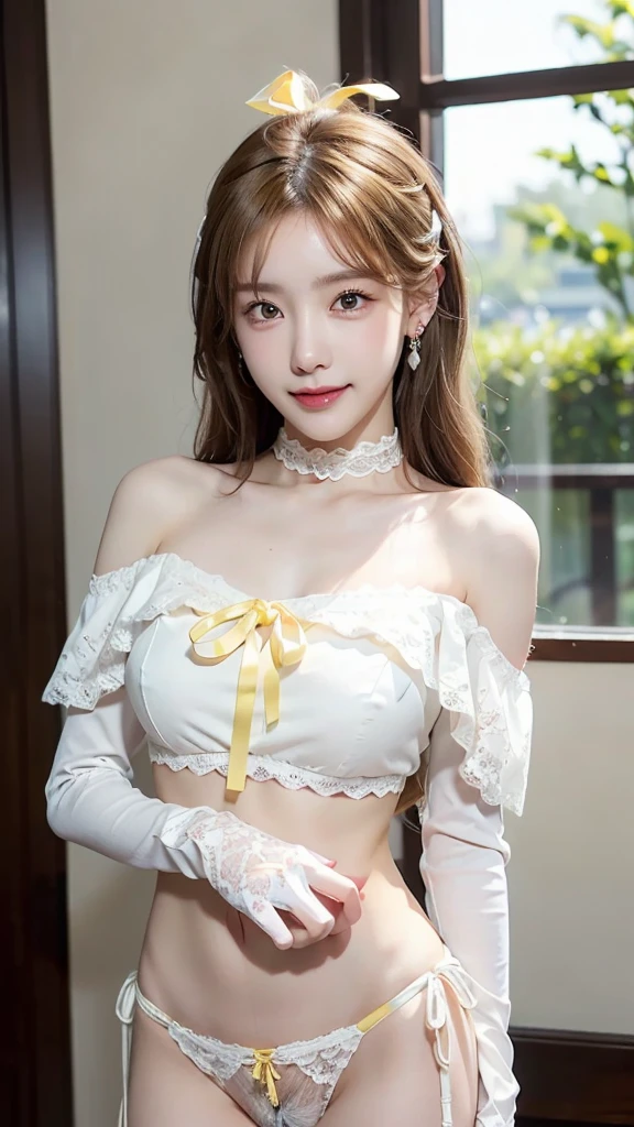 ((masterpiece: 1.4, best quality))+,(ultra detail)+, official art, unity 8k wallpaper, ultra detail, beautiful, high quality, Highlight your cute face, masterpiece, best quality, semi wavy medium length hair, (((sunny hill))), (White off-shoulder halterneck, White lace panties:1.5)), (((From head to pubic hair:1.5))), High exposure, skinny body,masterpiece, high quality, 8 thousand, natural light, no. no. No. 1 girl group idol in Korea, ((vivid:1.5)), ((brown eyes, yellow hair:1.3)), (big round breasts:1.1), ((colorful earrings, white neck choker, white short lace gloves)), 25 years old, small face, looking at the viewer, (hairpin with larger ribbon:1.4),(skinny abs:1.1), (They look at each other and look very happy :1.5), ((Both cheeks turn red)), Accurately distinguishes between the bodies and limbs of two people..:1.5, (sparkling eyes, beautiful 가슴묘사 :1.5)