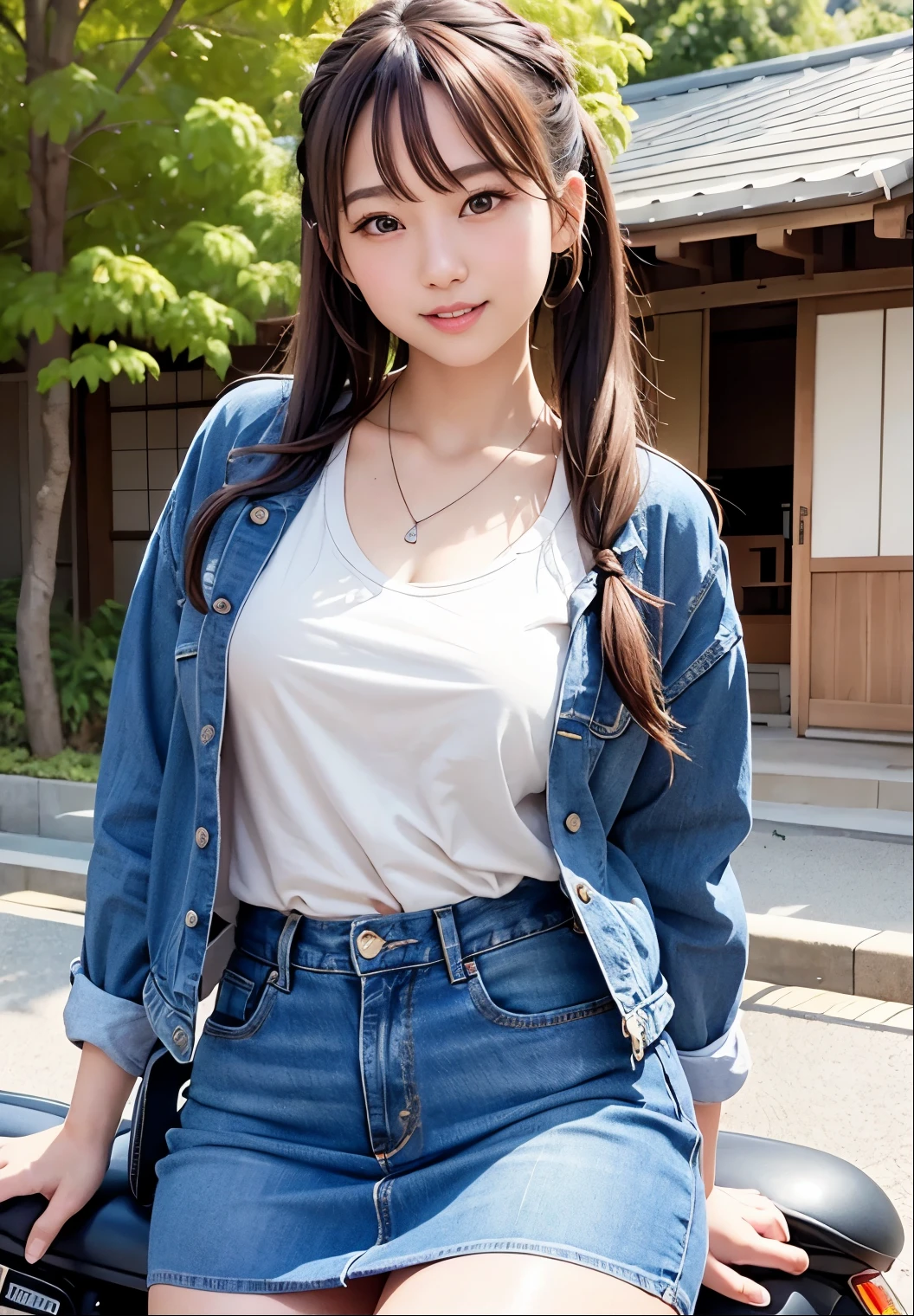(highest quality,masterpiece:1.3,Ultra-high resolution),(Very detailed、Caustics) (Realistic:1.4, RAW shooting、)Ultra-Realistic Capture、Very detailed、Natural skin texture、masterpiece、(Japanese woman wearing a t-shirt, mini jeans skirt and jacket:1.3), Adorable expression、Expressions of happiness、14 years old、Height: 160cm、Young Face、Amazingly cute、Twin tails、Straight hair、Scrunchie、Black Hair、light makeup、necklace、H cup big breasts、Shining thighs、Background in detail、smile、An inviting gaze、Anatomically correct、Cowboy Shot、Attention to detail、Photographed on the main street of a summer resort、Empty Hands、sequin t-shirt、Riding a motorcycle