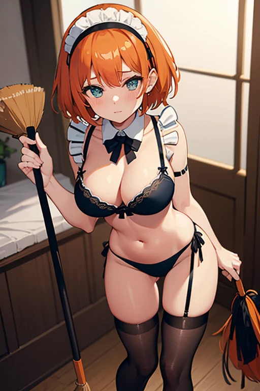 best quality,high quality,masterpiece,solo,(((lingerie maid))),(orange hair),short hair,dark blue eyes,green hairband,standing,grab broom,((black string bikini)),embarrassed,blush,delicate skin,large breasts,seductive thighs,white knee socks