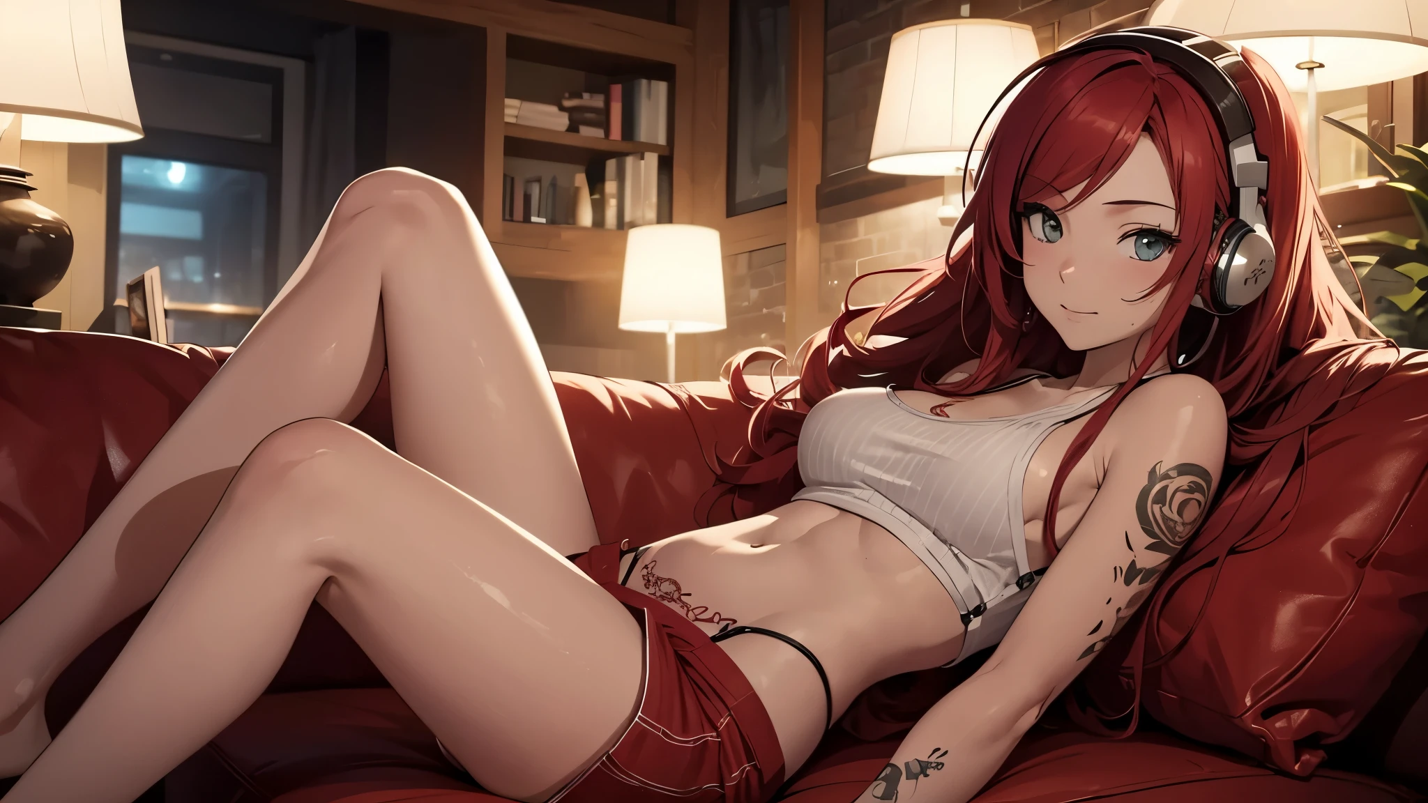 Create an image of a beautiful, erotic anime girl with long red hair and tattoos, showing her stomach while relaxing in a cozy lounge. She is wearing a short tank top and shorts, with headphones on, enjoying her music while lounging on the couch. The scene is set in a warm, dimly lit lounge with plush seating and personal items scattered around, creating a sense of intimacy and relaxation. The ambiance should be inviting and cozy, with soft lighting enhancing the serene atmosphere
