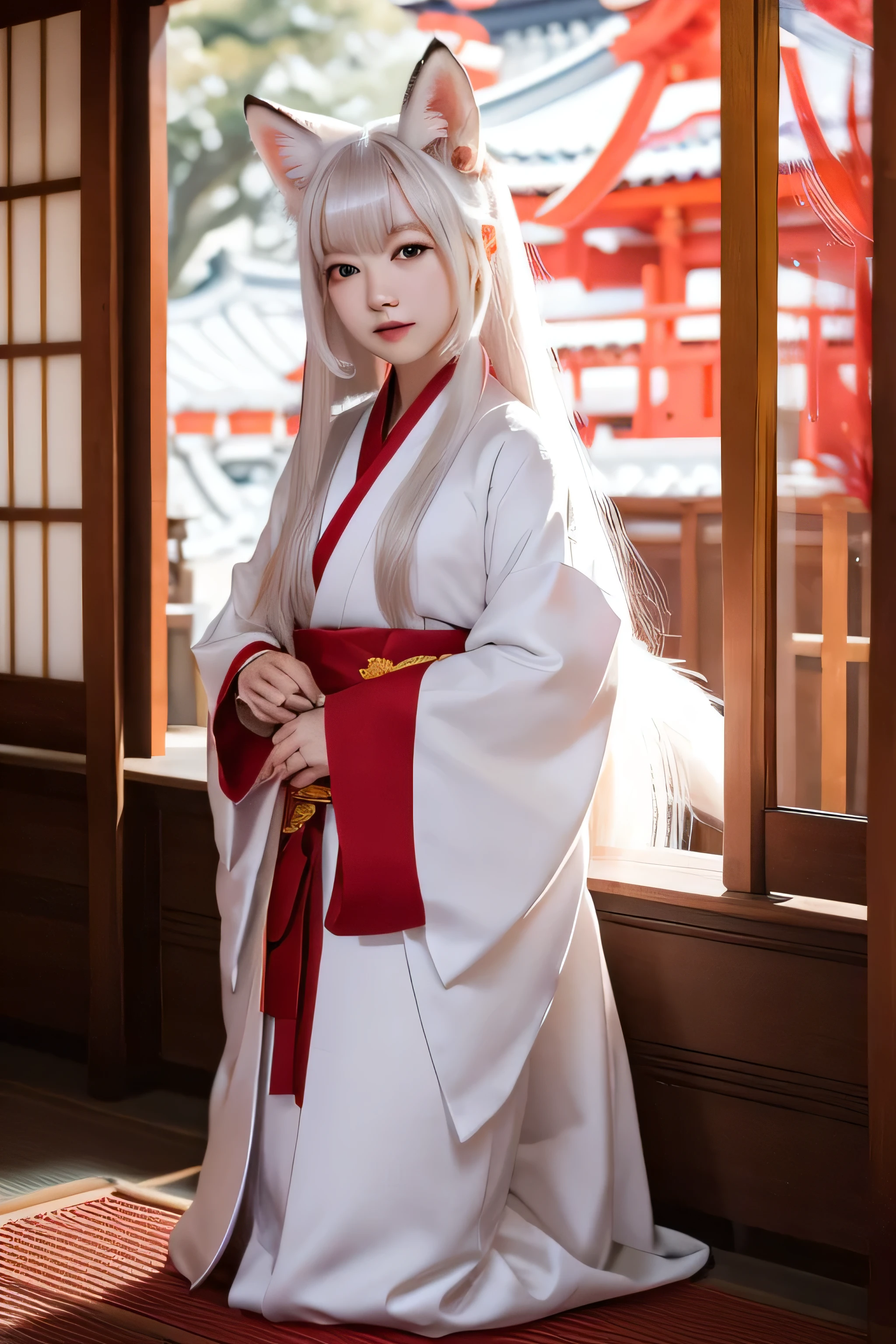 White Demon Fox、Nine-tailed Fox、Japanese women、kimono、Fair skin、Red lines on face、8K、I have long hair、Thick tail、Shrine precincts