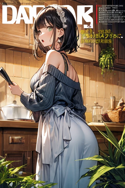 (small breasts:1.3), (perky chest:1.1), (pointed chest:1.0), (fashion magazine cover:1.3),(from below:1.0),(from side:0.9),masterpiece, 1girl, Amazing Cleavage:1.1, thin waist, big ass, Raised sexy, small breast: 1.3, posed cleavage:1.2、solo, looking at viewer, open mouth, have a cute grass of cute beergrass,black hair, dark green eyes, dress, bare shoulders, jewelry, collarbone, sidelocks, hairband, earrings, indoors, off shoulder, :o, sweater, arms behind back, plant, short hair with long locks, gild hairband, off-shoulder dress, sweater dress, off-shoulder sweater, red sweater, dark gord hair, big side hair, very long side hair,is rendered in (masterpiece: 1.2, best quality), with (ultra high resolution) and an exquisite (depth of field). This masterpiece is not only visually stunning but also tells,A scene of cooking in the kitchen by classroom