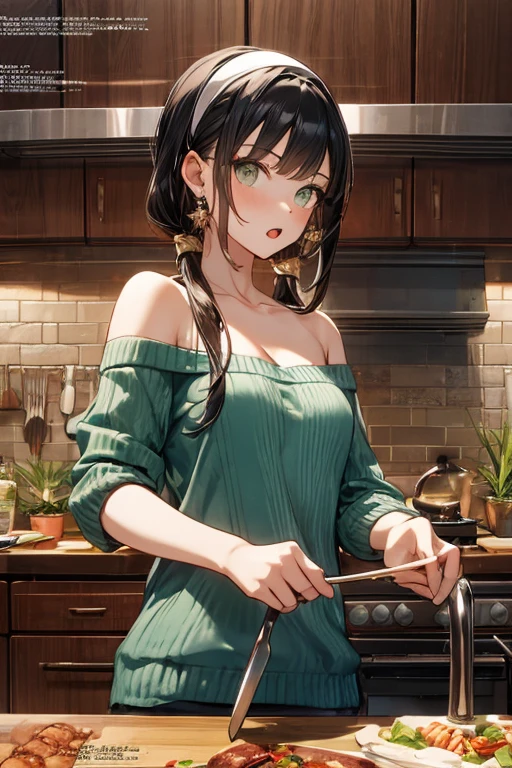 (small breasts:1.3), (perky chest:1.1), (pointed chest:1.0), (fashion magazine cover:1.3)，(from below:1.0),(from side:0.9),masterpiece, 1girl, Amazing Cleavage:1.1, thin waist, big ass, Raised sexy, small breast: 1.3, posed cleavage:1.2、solo, looking at viewer, open mouth, have a cute grass of cute beergrass,black hair, dark green eyes, dress, bare shoulders, jewelry, collarbone, sidelocks, hairband, earrings, indoors, off shoulder, :o, sweater, arms behind back, plant, short hair with long locks, gild hairband, off-shoulder dress, sweater dress, off-shoulder sweater, red sweater, dark gord hair, big side hair, very long side hair,is rendered in (masterpiece: 1.2, best quality), with (ultra high resolution) and an exquisite (depth of field). This masterpiece is not only visually stunning but also tells,A scene of cooking in the kitchen by classroom
