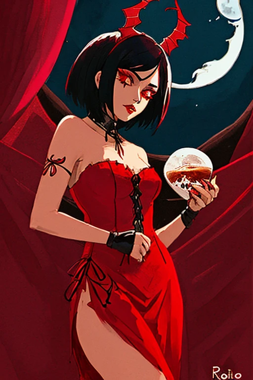 mujer diablita pelo cafe corto, Fondo negro con luna roja.