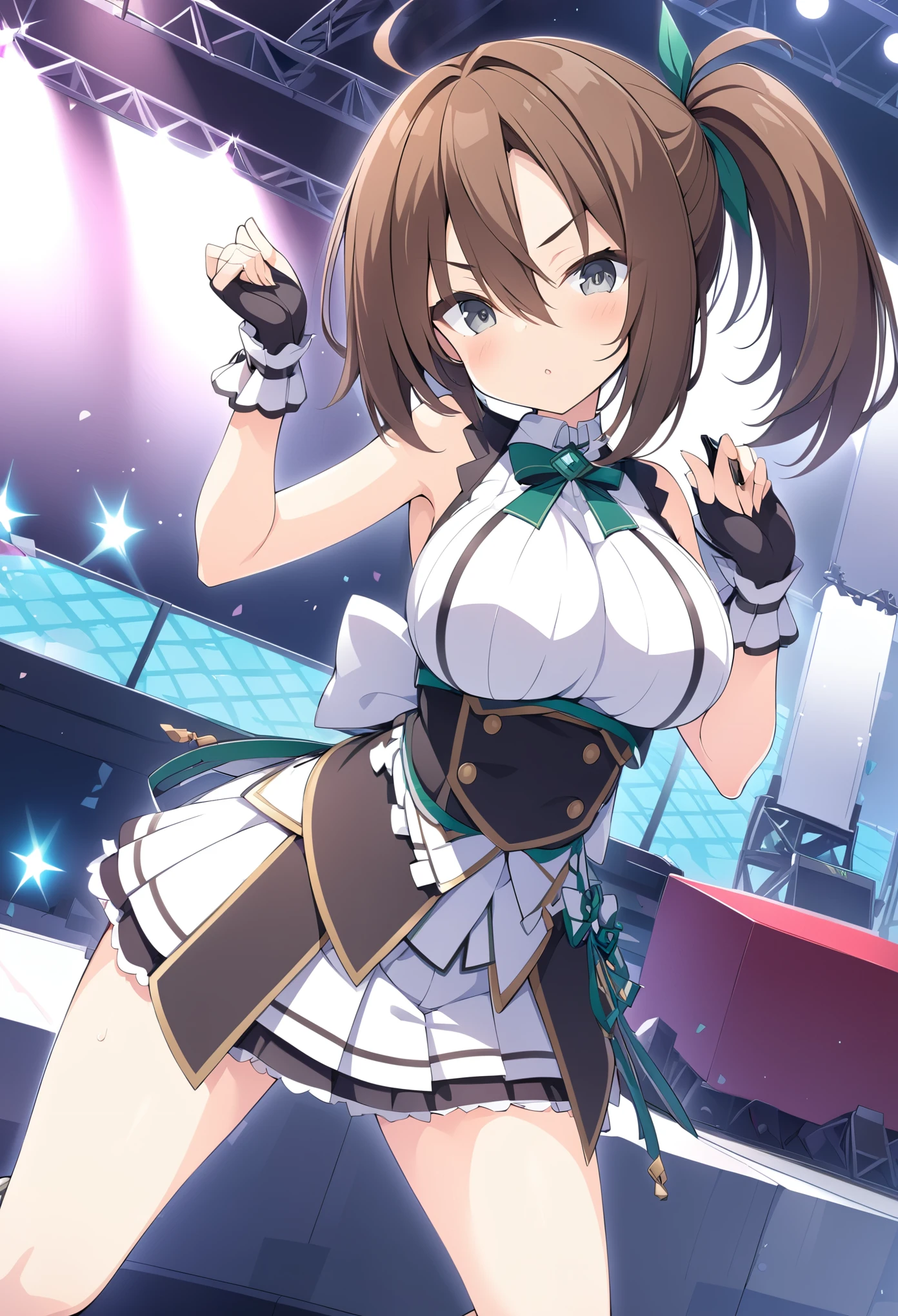 IWAMOTOTATSURU, BROWN HAIR, LONG HAIR, PONYTAIL, SIDE PONYTAIL, GREY EYES, large breasts,, Live Stage, solo　