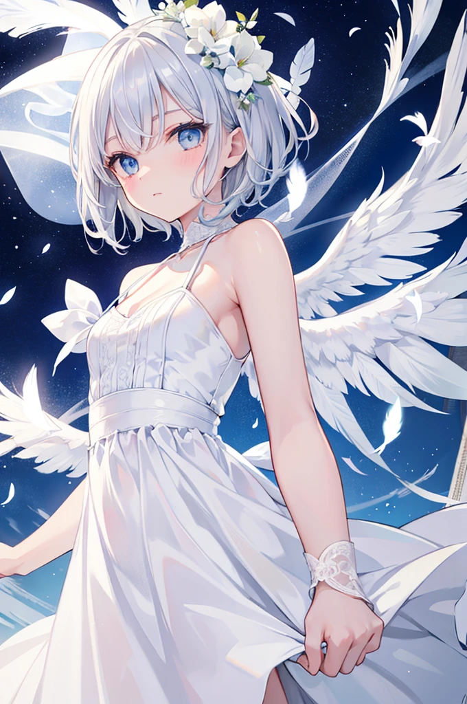 Silver Hair　Short Hair　Blue Eyes　Beauty　wedding　White Dress　White flower　Night Sky　Beautiful expression　Fantastic Light　White Feather　Angel　Hair fluttering