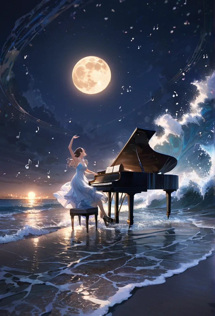 Woman playing piano on the beach at night、moonlight、Crescent Moon、Wave、dress、water splash,looking up, Music notes dancing in the sky, (best quarity,ultra detailed,ultra-high-resolution, absolutely resolution,8k, masterpiece),