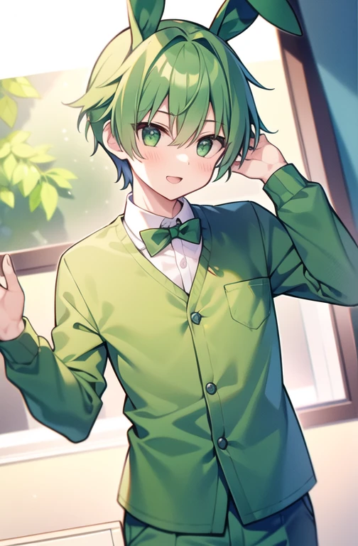 1boy green hair green rabbit ears green shirt green pants