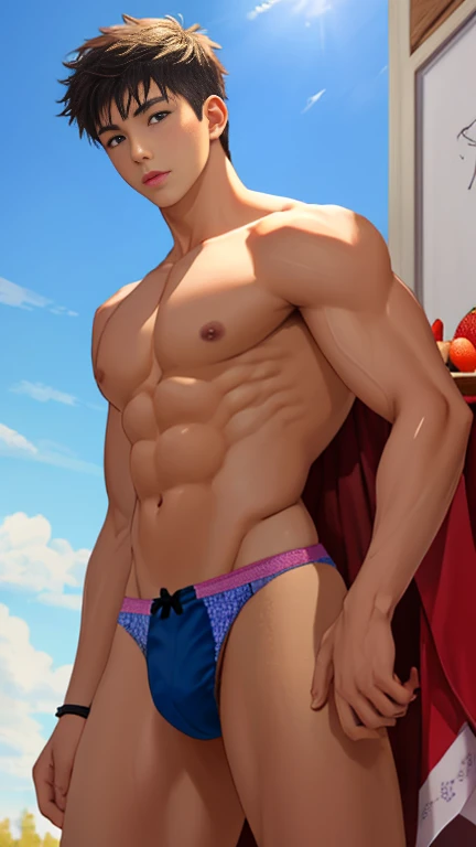 Painting, bullfighter, among fruits and berries  frivolous young  Thirteen year old son, fitness body, voluminous,  elastic buttocks, Tanga panties, playful look, aesthetically pleasing, beautiful, yaoi, super-detailed, high quality. Only male gender, guys, boys  