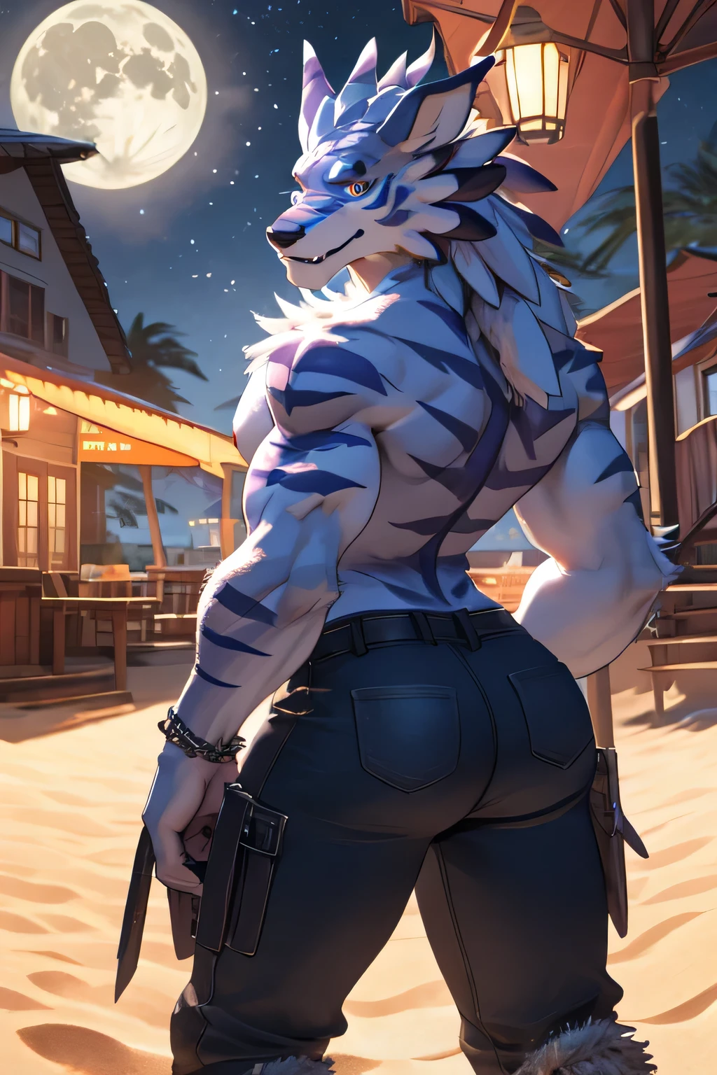 weregarurumon, dat ass, big butt, looking at viewer, topless, only pants, jeans, flirting with viewer, seductive, night, full moon, in a beach,