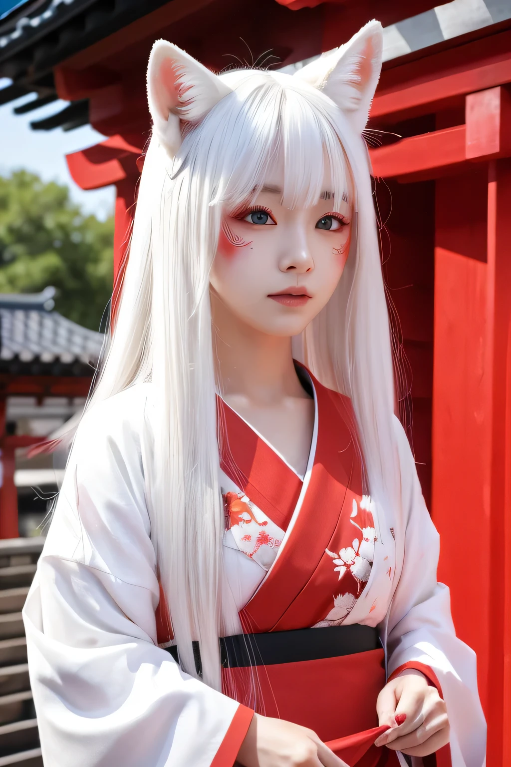White Demon Fox、Nine-tailed Fox、Japanese women、kimono、Fair skin、Red lines on face、8K、I have long hair、Inari Shrine