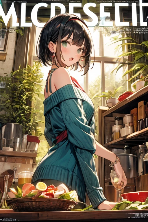 (small breasts:1.3), (perky chest:1.1), (pointed chest:1.0), (fashion magazine cover:1.3),(from below:1.0),(from side:0.9),masterpiece, 1girl, Amazing Cleavage:1.1, thin waist, big ass, Raised sexy, small breast: 1.3, posed cleavage:1.2、solo, looking at viewer, open mouth, have a cute grass of cute beergrass,black hair, dark green eyes, dress, bare shoulders, jewelry, collarbone, sidelocks, hairband, earrings, indoors, off shoulder, :o, sweater, arms behind back, plant, short hair with long locks, gild hairband, off-shoulder dress, sweater dress, off-shoulder sweater, red sweater, dark gord hair, big side hair, very long side hair,is rendered in (masterpiece: 1.2, best quality), with (ultra high resolution) and an exquisite (depth of field). This masterpiece is not only visually stunning but also tells,A scene of cooking in the kitchen by classroom