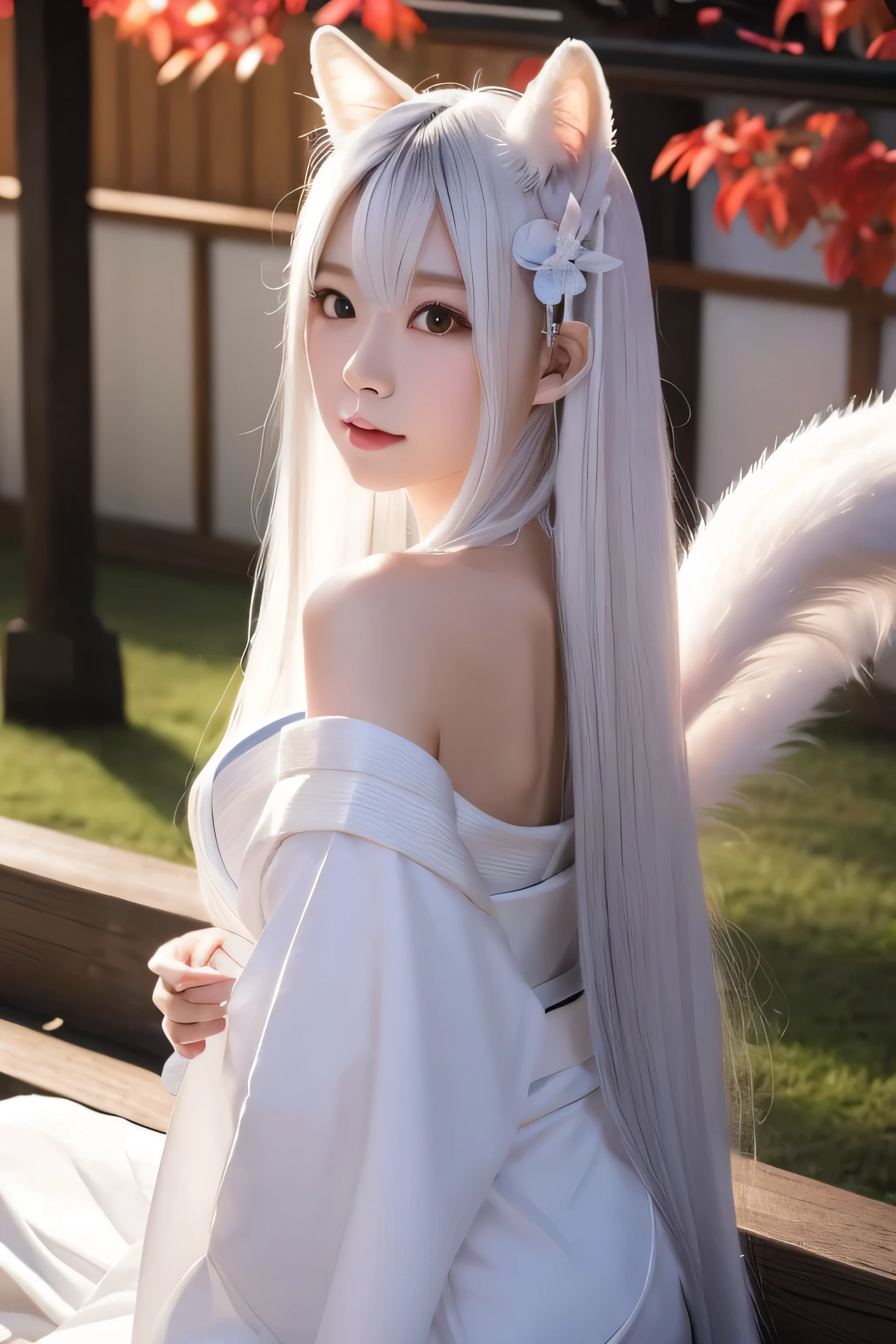 White Demon Fox、Nine-tailed Fox、Japanese women、kimono、Fair skin、8K、I have long hair