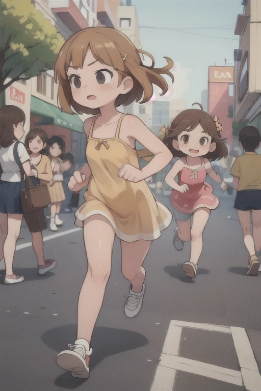 ((Best quality, masterpiece)), dramatic, 2 girls , running, naked blonde and girl with brown hair(((kawaii))) in a sundress, street, Crowd,
