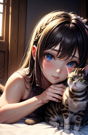 masterpiece, 最high quality, Very beautiful girl,((((A cat sits on the head of a girl lying face down)))),Close-up, Beautiful fine details, Beautifully detailed nose, Beautiful and detailed mouth, Very fine fur, Soft and fluffy, Adorable, Playful, Curious look, Long Hair Girl, (((girl looking at cat))), Intricate details, high quality, 8k, Realistic, masterpiece, Natural light, Warm tones