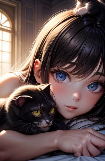 masterpiece, 最high quality, Very beautiful girl,((((A cat sits on the head of a girl lying face down)))),Close-up, Beautiful fine details, Beautifully detailed nose, Beautiful and detailed mouth, Very fine fur, Soft and fluffy, Adorable, Playful, Curious look, Long Hair Girl, (((girl looking at cat))), Intricate details, high quality, 8k, Realistic, masterpiece, Natural light, Warm tones