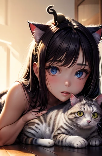 masterpiece, 最high quality, Very beautiful girl,((((A cat sits on the head of a girl lying face down)))),Close-up, Beautiful fine details, Beautifully detailed nose, Beautiful and detailed mouth, Very fine fur, Soft and fluffy, Adorable, Playful, Curious look, Long Hair Girl, (((girl looking at cat))), Intricate details, high quality, 8k, Realistic, masterpiece, Natural light, Warm tones