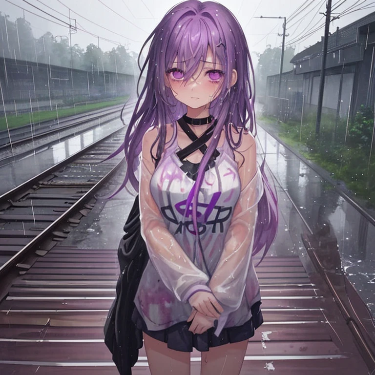 1 girl、Mature、Teenage Girls、Ample breasts、Purple Hair、Long Hair、sad、Despair、Standing on the tracks、Lead-colored sky、It rains、Cinema Lighting、Soaking wet girl、Water Drop、The light shines from behind the girl、Retrograde、Bust-up perspective、A fusion of watercolor and oil painting、I don't need tomorrow