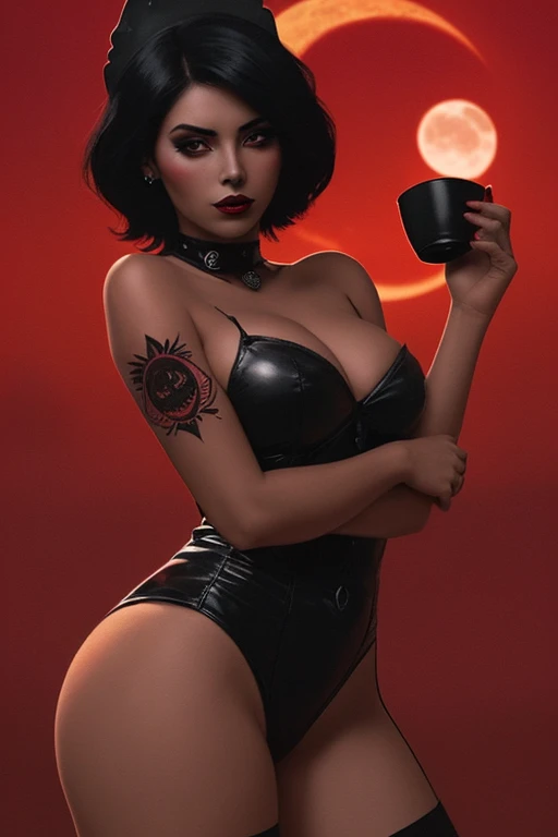 mujer diablita pelo cafe corto, Fondo negro con luna roja.
