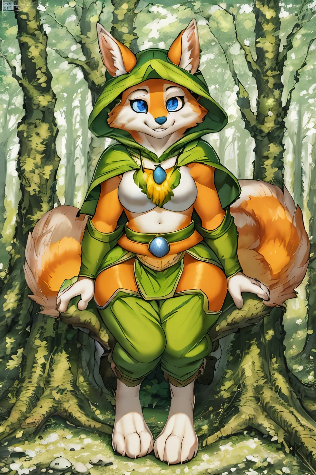 High quality, photorealism, CGI, bright colours ,forest ,sitting on tree,1girl, solo, blue eyes, orange fur, furry, green cape, pants, animal ears, tail, hood, necklace, capelet, breastplate, armor, :3, furry, ears through headwear, orange fur, large head, extra digits, bad eye, 