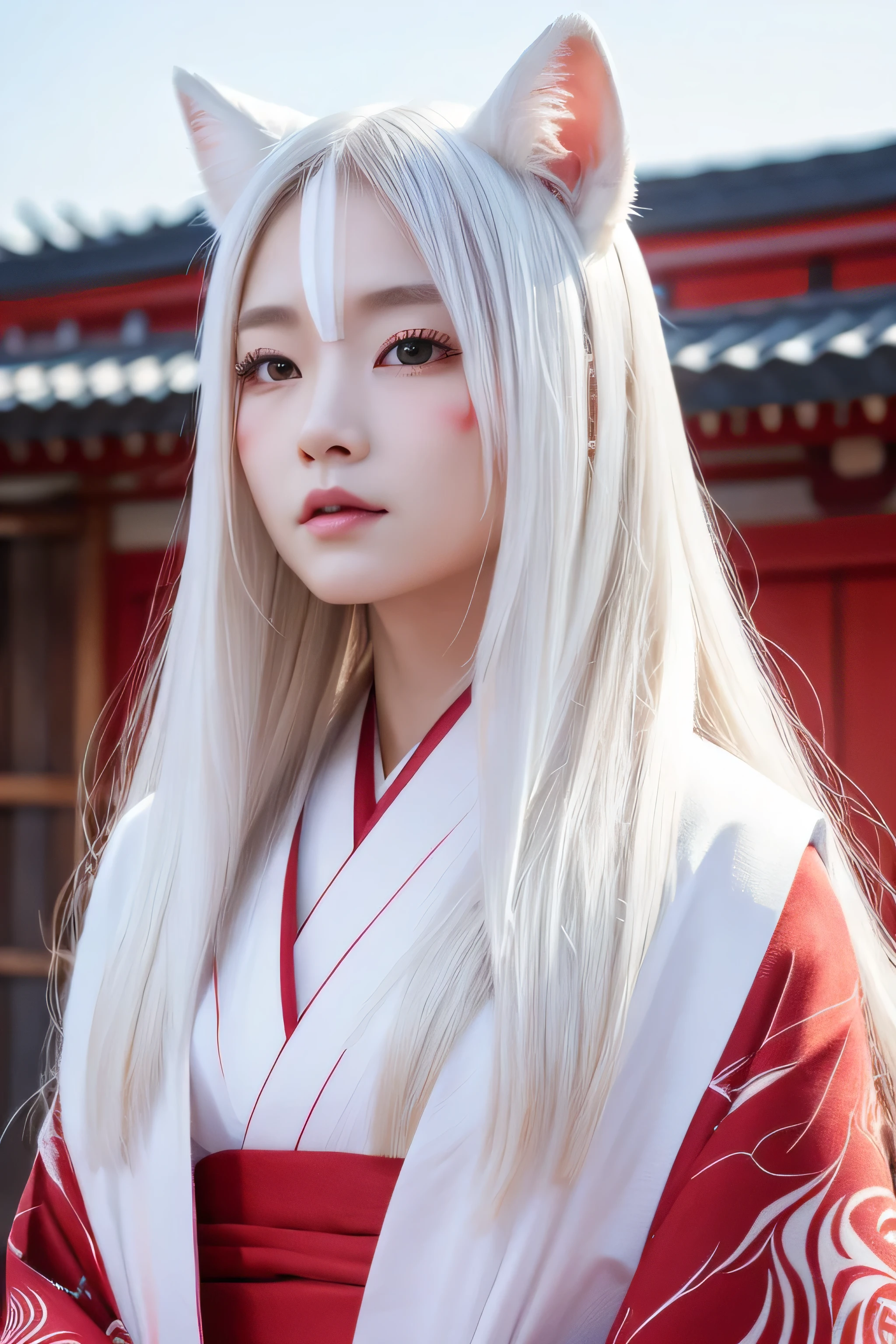 White Demon Fox、Nine-tailed Fox、Japanese women、kimono、Fair skin、Red lines on face、8K、I have long hair