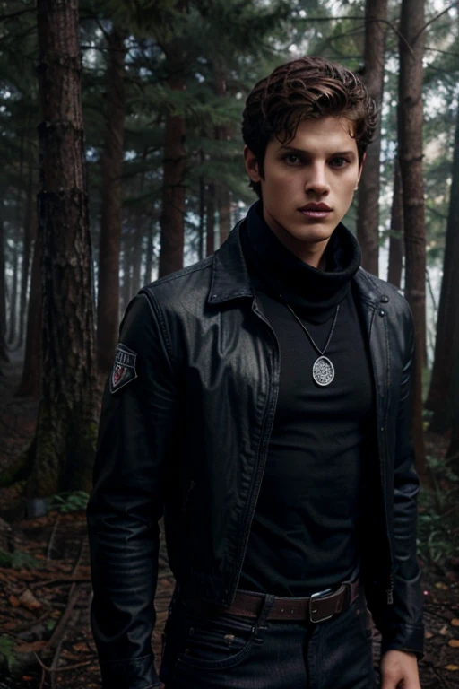 Daniel Sharman, Isaac Lahey, Wolf, 18 years old, short messy curly blonde brown hair, brown eyes, black dress shirt with a red and black scarf, dark blue jean jacket, dark black jean, black jean pants , black combat boots, silver pendant, white wolf print. Forest background with fog aura around black color.