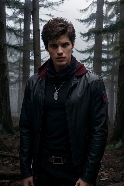 Daniel Sharman, Isaac Lahey, Teen Wolf, 18 years old, short messy curly blonde brown hair, brown eyes, black dress shirt with a red and black scarf, dark blue jean jacket, dark black jean, black jean pants , black combat boots, silver pendant, white wolf print. Forest background with fog aura around black color.