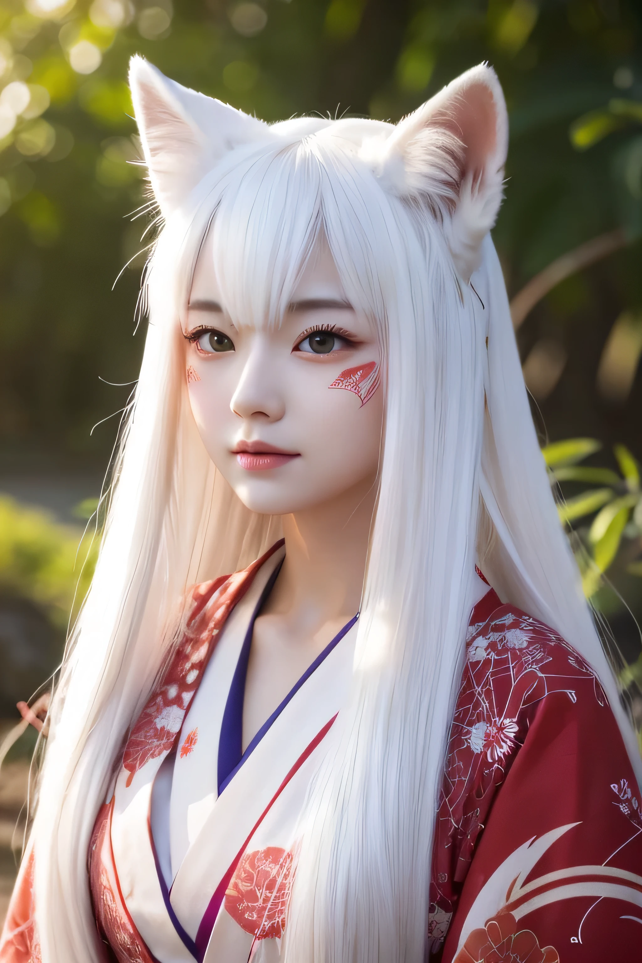 White Demon Fox、Nine-tailed Fox、Japanese women、kimono、Fair skin、Red lines on face、8K、I have long hair