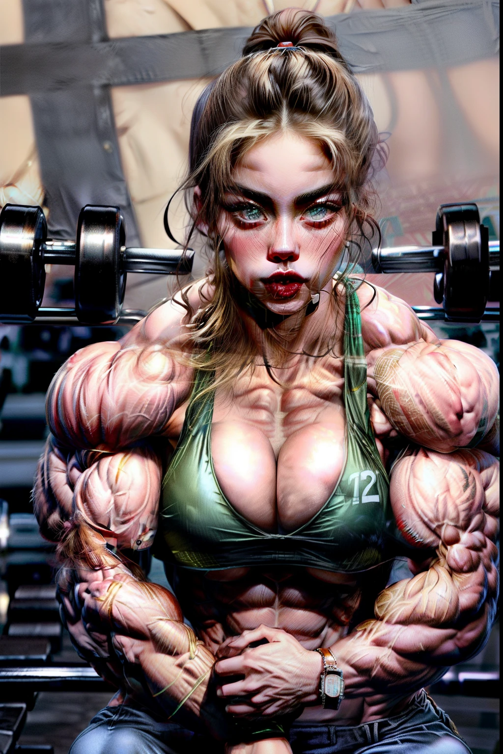 (2 girls body builders:1.6), ((masterpiece)), best quality, ultra-detailed:1.7, finely detail, high resolution:1.6, perfect dynamic composition, beautiful detailed faces:1.77, blonde babes:1.88, perfect red lipstick, perfect makeup:1.8, short denim bikini , large breasts:1.4, lovely look:1.7, gorgeous face:1.6, defined muscles:1.4, beautiful faces:1.8, alessandra ambrossio, izabel goulart, Kate Upton, Gigi Hadid, candice swanpoel ,popped out dense veins on muscles:1.8, hyper detailed picture:1.4, 8k resolution: 1.7, flex muscles:1.3, hyper muscular body shape:1.42, photorealistic:1.5, realistic:1.6, face masterpiece:1.74, good and professional lighting on picture:1.38, Ukrainian-Moroccan muscle beauty goddess, masterpiece 22 years old Ariana Grande and  Jennifer Lopez as bodybuilders, extremely high resolution, hyper feminine beauty , hyper realistic texture , extra large , hyper muscularity, hyper vascularity, ass of titanium, muscles of steel, ripped body shape, ripped sexy ass with bikini, muscular ass , topless, kissing, good face details, hyper face detailing, doing sex, super romantic moment, hyper romantic, romantic kiss, nude females, perfect symmetrical face, sexy french kiss with tongues, serious muscle posing, exaggerated muscular body, extremely shredded, flexing and posing muscles as bodybuilder, exaggerated veins on biceps