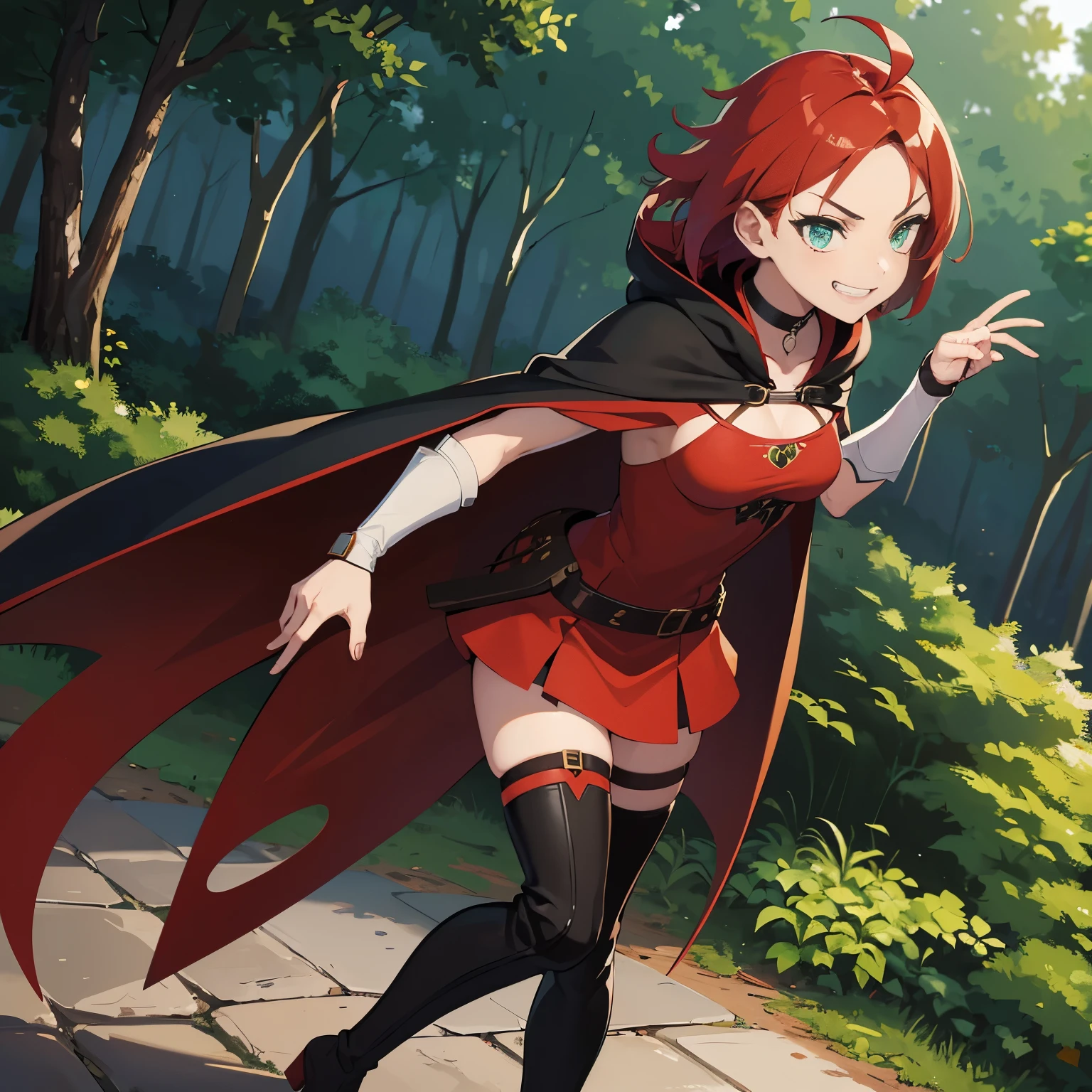1girl,anime girl,skinny,breast small,standing,villain pose, scarlet red hair,hair scarlet red and crimson red hair, medium hair,ahoge,aqua eyes,green eyes,White skin,smug,happy,grin,tunic,hood,bikini armor,cape,thigh strap,boots, medieval armored boots,skirt,earclip,choker,fingerless gloves,leg belt,Forest Background,Medium Shot,Black,Green,Gray,Brown,forest,Leather Armor,Magic Robe,Man POV,Larissa, Demongirl, Amber eyes, Red Hair, Short, Hair, eyeliner, cuerpo completo, view from afar