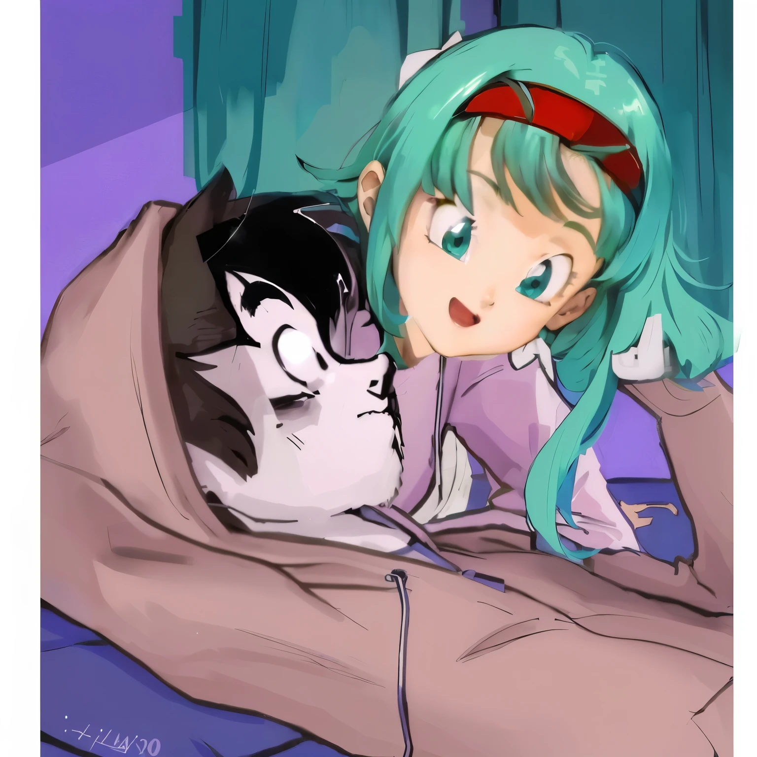 e de anime deitados em uma cama com um gato, bulma de dragon ball, fanart de alta qualidade, urusei yatsura, Estilo de arte de anime dos anos 90, in the art style of 80s anime, Estilo de arte de anime dos anos 80, estilo anime 2d, Estilo de anime dos anos 90, Estilo anime dos anos 90, no estilo anime