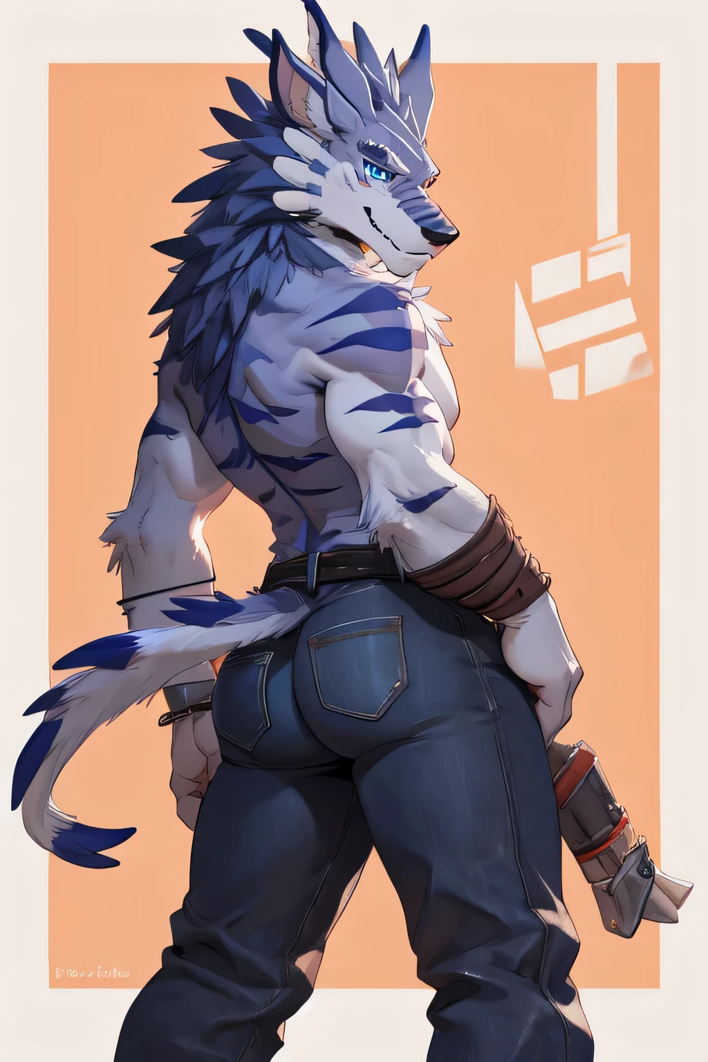 weregarurumon, dat ass, big butt, looking at viewer, topless, only pants, jeans, flirting with viewer, seductive, sexy pose, pulling down his pants with his hands,