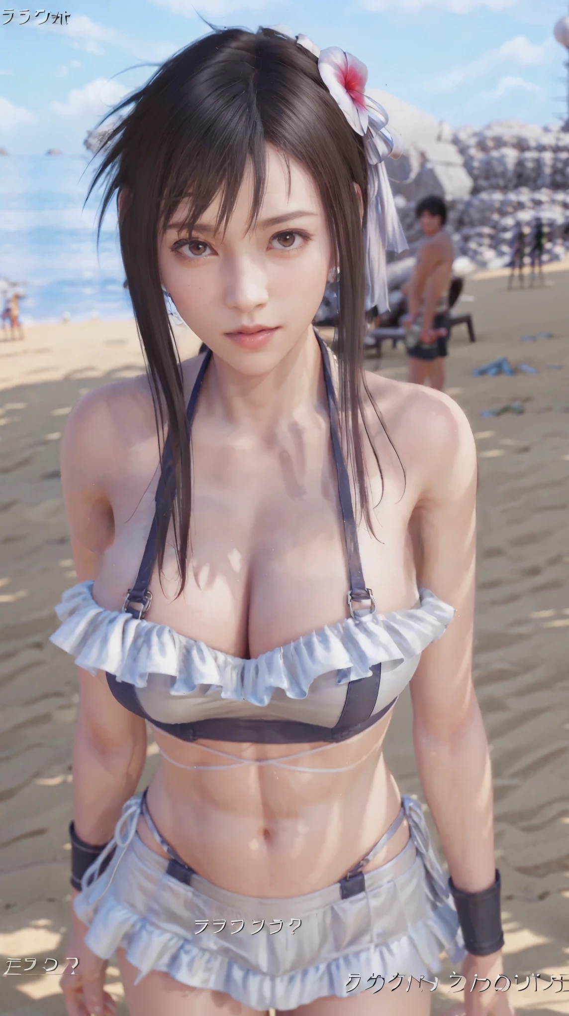 (Photorealistic: 1.4), top quality, very delicate and beautiful, high resolution, 1girl, tifa_lockhart, smile, cowboy shot, suspenders, low rise, mini swimsuit, black hair, long hair, elbow gloves, beautiful detailed red eyes, face light, movie lighting, navel, high exposure, abdomen exposure, ribs, abs, ( gigantic breasts: 1.2), dynamic poses, dynamic angles,