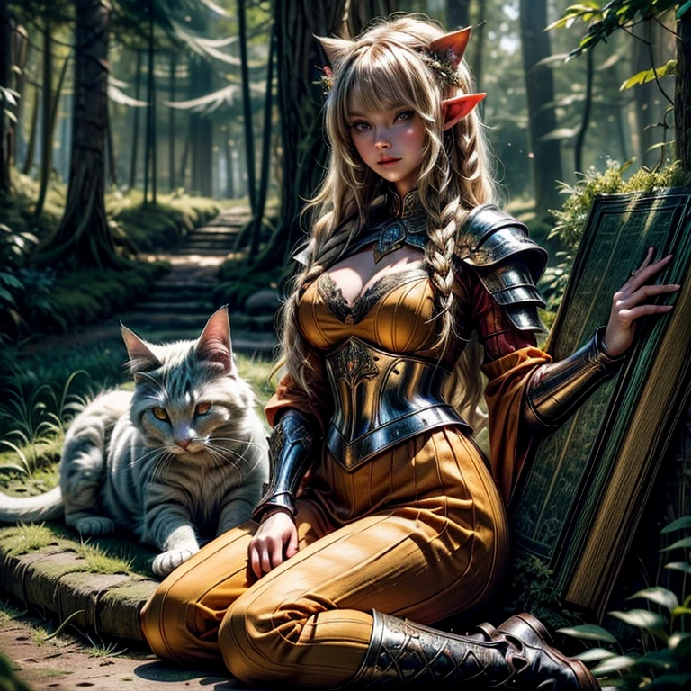 (one person with a cat)(hyperrealistic) (masterpiece) (4k) one adult female elf with dark blonde hair, wearing medieval clothes and armor playing with a big orange white cat with orange-green eyes, casting magic together, medieval forest background with old books and potions, sword, elf with her pet, one elf and cat