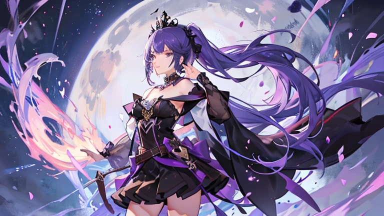 vampire queen, small breast, battle skirt, (royal cape:1.1), black and purple color, sexy and devil aura, original character, masterpieces, seducing purple pupil, (multicolor high pony tail 1:1.2), purple gem accessories, golden belt, golden necklace, windy and evil effect, soft moon lights, extremely delicate and beautiful eyes, unique crown, (corruption tattoo 1;1.25), naughty face, 16k, gorgeous, off-shoulder, cute, , solo