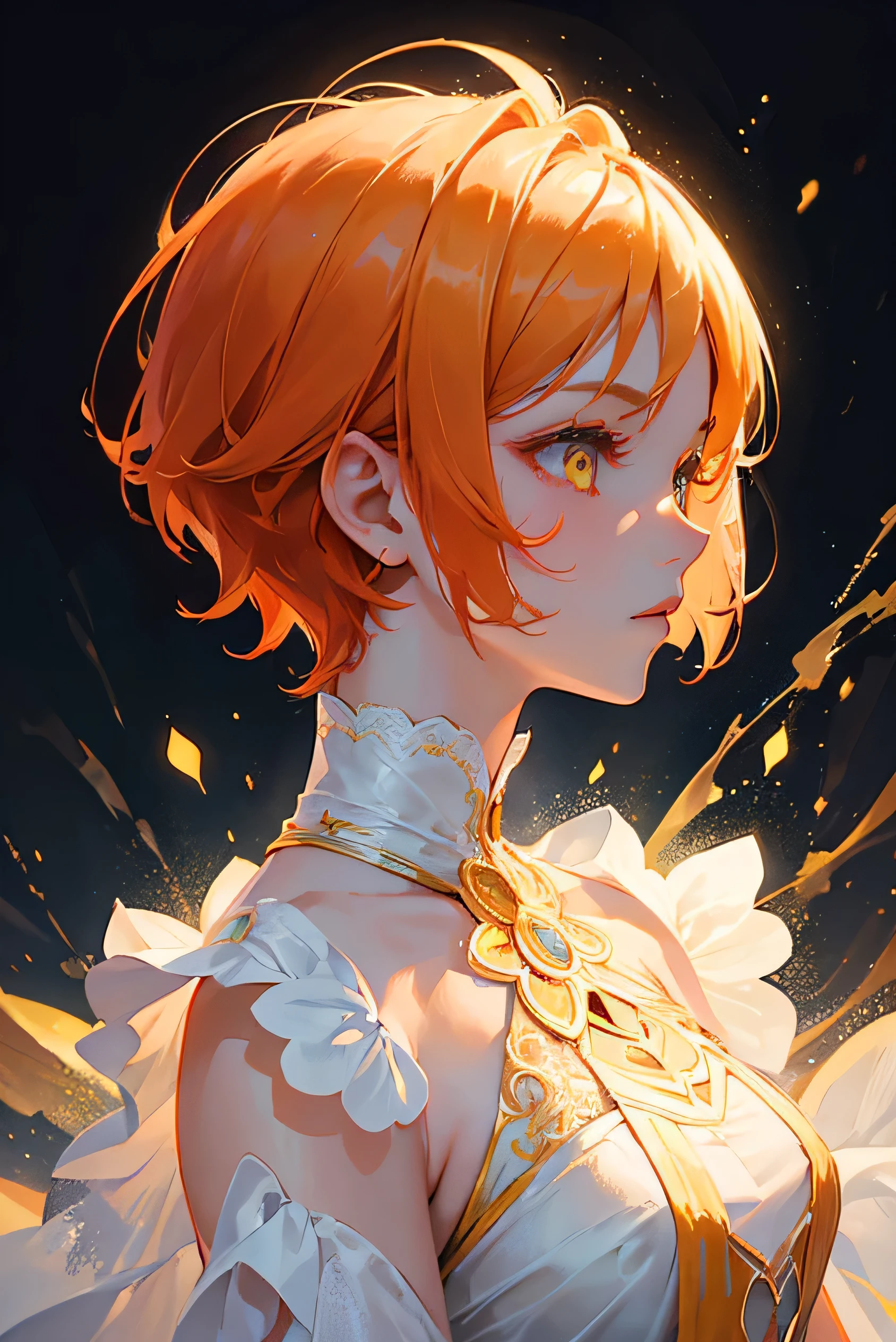 masterpiece, (highest quality), up to date、Orange Hair, (Glowing yellow eyes)、short hair, Back view、Adult woman in white dress、kaleidoscope background、Upper body close-up